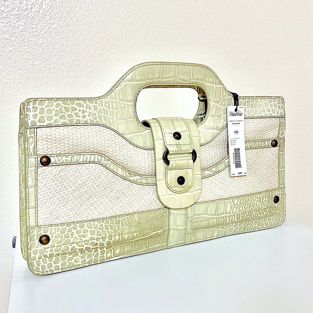 Tre Vero Mixed Media Croc Leather, Woven Handbag Pale Green